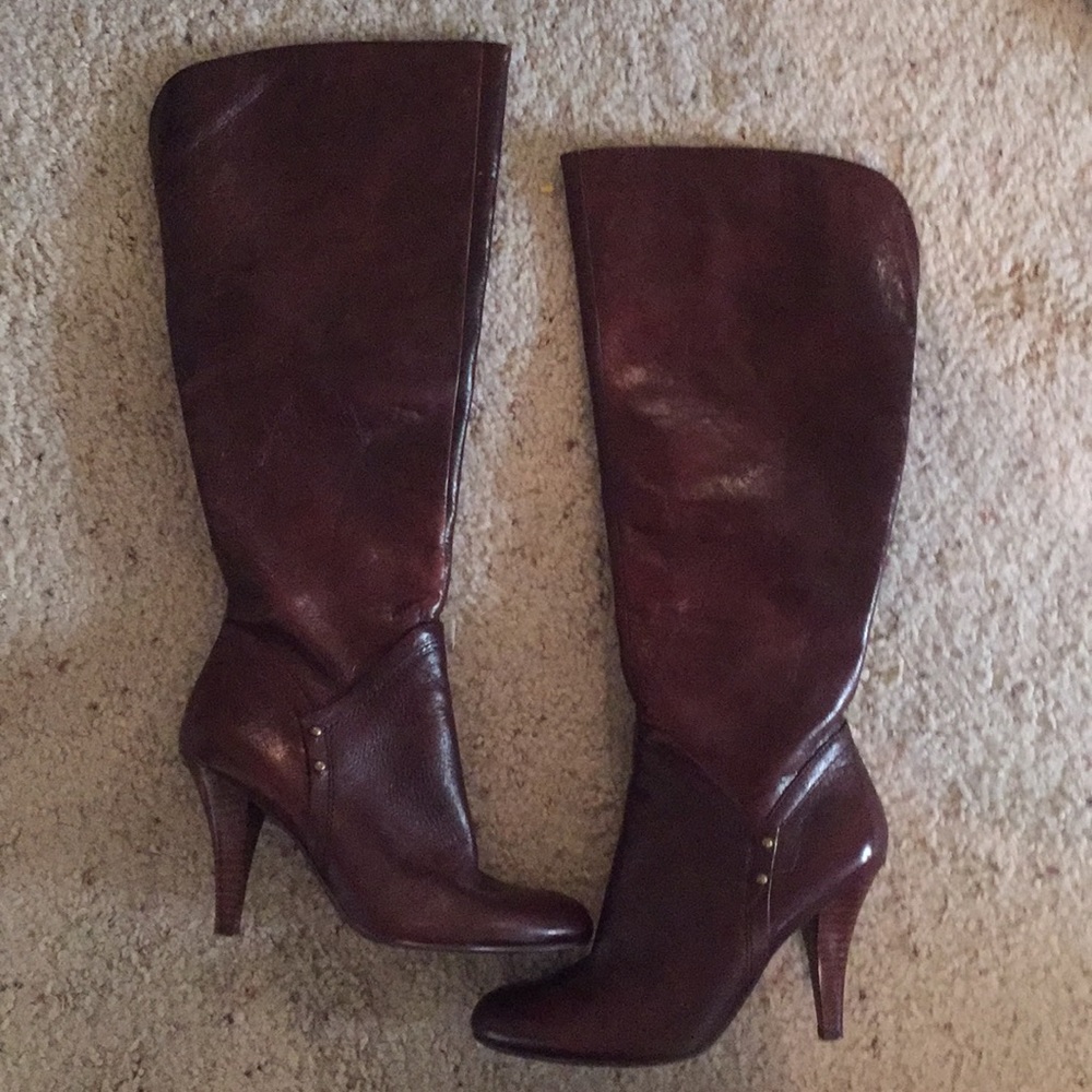 Cognac Brown Leather Knee High Boots